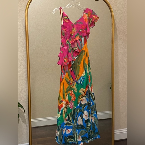 FARM Rio Mixed Flowery Ruffle One Shoulder Midi Dress Size M - Picture 3 of 16